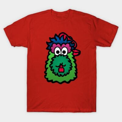 Red t-shirt with colorful cartoon character design, featuring green, blue, and pink accents, perfect for casual wear.