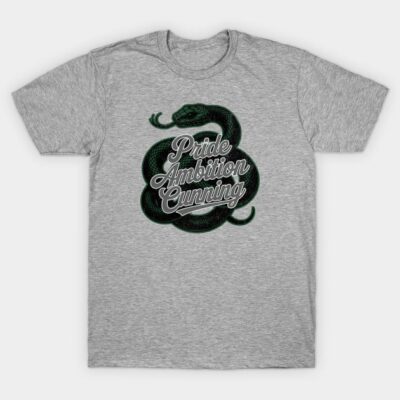 Gray t-shirt with black snake and "Pride Ambition Cunning" text, casual style, suitable for everyday wear.