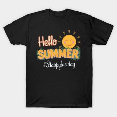 Black "Hello Summer" graphic t-shirt with sun and text design, casual summer wear, cotton material.