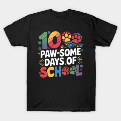 Black T-shirt with "100 Paw-some Days of School" colorful paw print design, perfect for school milestone celebration.
