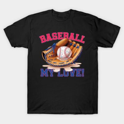 Black t-shirt with "Baseball My Love" graphic featuring glove and ball, ideal for sports enthusiasts.