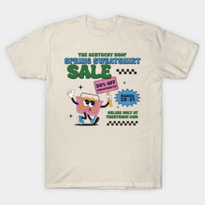 Beige graphic T-shirt featuring colorful spring sweatshirt sale design, perfect for casual wear and promotions.