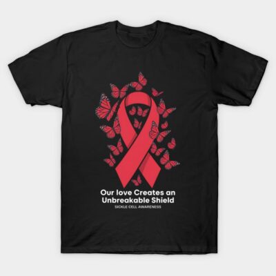 Black Sickle Cell Awareness T-shirt with red ribbon and butterfly design, promoting support and awareness.