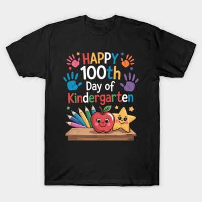 Black t-shirt with "Happy 100th Day of Kindergarten" colorful design, featuring pencils, apple, and star graphics.