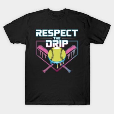Black t-shirt with "Respect the Drip" graphic, featuring a softball and bats, ideal for sports enthusiasts.