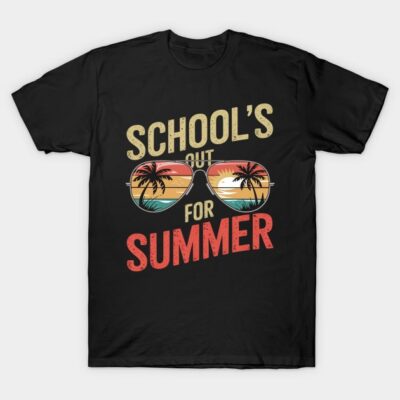Black t-shirt with "School's Out for Summer" text and sunglasses graphic, perfect for casual summer wear.