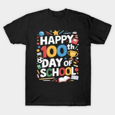 "Black T-shirt with colorful 'Happy 100th Day of School' design, featuring books, stars, and sports icons, perfect for celebrations."