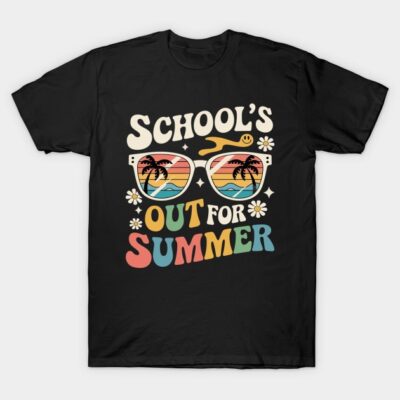 Black "School's Out for Summer" T-shirt with colorful retro sunglasses design, ideal for casual summer wear.