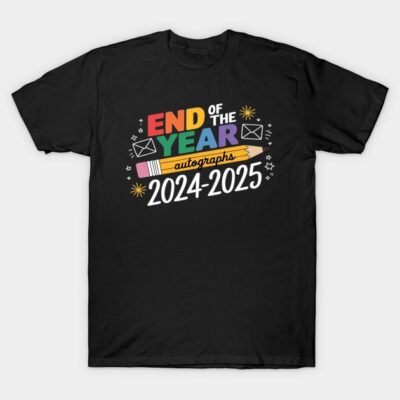 Black "End of the Year Autographs 2024-2025" T-shirt, colorful text, casual cotton wear, perfect for school events.