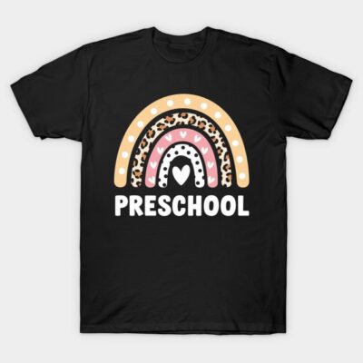 Black preschool T-shirt with colorful rainbow and heart design, casual cotton apparel for kids.