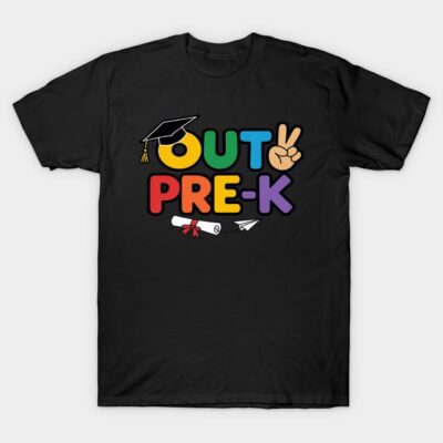 "Black graduation-themed t-shirt with colorful 'Out Pre-K' design, perfect for preschool graduation celebrations."