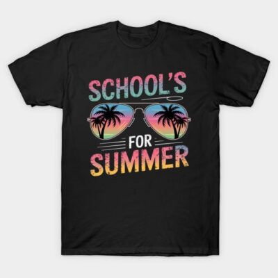 Black t-shirt with "School's for Summer" graphic, featuring tropical sunglasses design. Casual style, perfect for summer.