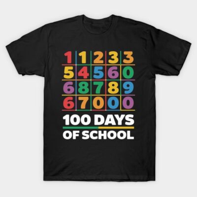 Black "100 Days of School" T-shirt with colorful numbers, casual style, perfect for celebrating school milestones.