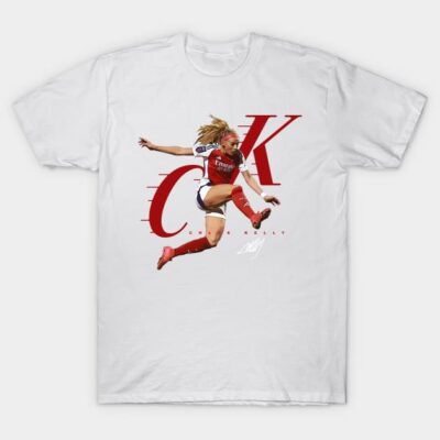 White cotton t-shirt featuring red and black graphic design, suitable for sports fans, casual wear, unisex style.