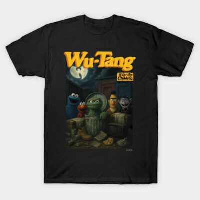 Black graphic t-shirt featuring colorful cartoon characters and bold text design, casual wear, cotton material.