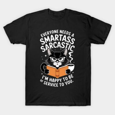 Black t-shirt with a sarcastic cat reading a book design, perfect for casual wear or gifting to cat lovers.