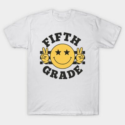 White t-shirt with "Fifth Grade" text and yellow smiley face graphic, perfect for school or casual wear.