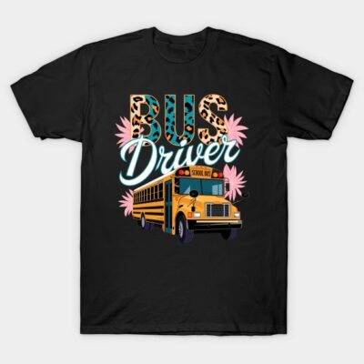 Black "Bus Driver" graphic t-shirt with colorful school bus and floral accents, casual style, cotton material.