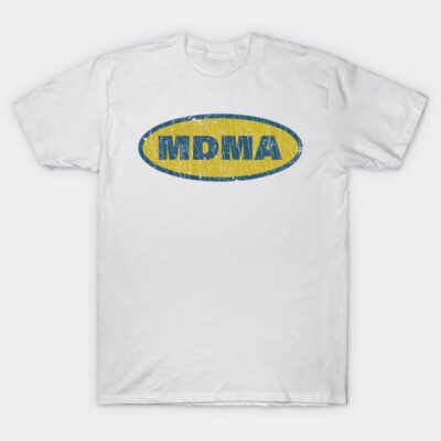 White t-shirt with blue and yellow graphic design, casual style, perfect for everyday wear, made from soft cotton.