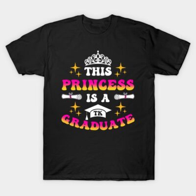 Black graduation T-shirt with "This Princess is a Graduate" text in pink and yellow, featuring crown and diploma graphics.