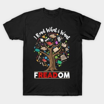 Black T-shirt with colorful book tree graphic and text "I Read What I Want" and "Freadom." Perfect for book lovers.