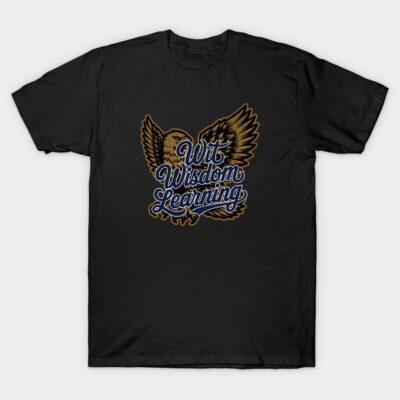 Black T-shirt with owl graphic and "Wit Wisdom Learning" text, casual style, ideal for everyday wear.