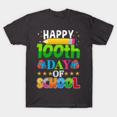 Black "Happy 100th Day of School" t-shirt with colorful text and pencil graphic, perfect for school celebrations.
