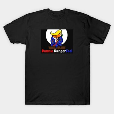 Black t-shirt with cartoon graphic and "Donnie Danger Feel" text, suitable for casual wear, cotton material.