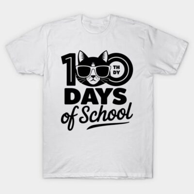 White t-shirt with "100 Days of School" design, featuring a cat in sunglasses, perfect for school events and casual wear.