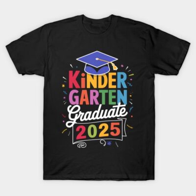 Kindergarten Graduate 2025 T-shirt, black, colorful text, casual style, cotton material, celebration wear.
