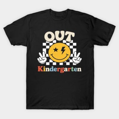 Black T-shirt with "Out Kindergarten" graphic, featuring a smiling face and peace signs, casual style for kids.