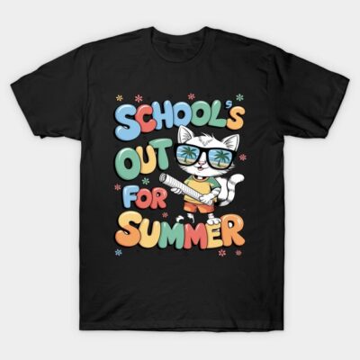 Black t-shirt with colorful "School's Out for Summer" text and cartoon cat design, casual summer wear.