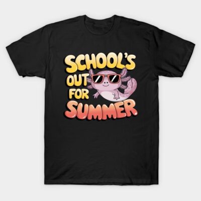 Black t-shirt with "School's Out for Summer" graphic, featuring a cute axolotl in sunglasses, perfect for casual wear.