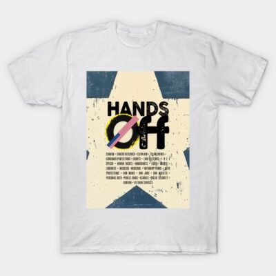 White graphic T-shirt with "Hands Off" text and vintage design, casual cotton tee for everyday wear.