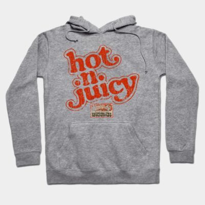 Gray hoodie with "Hot n Juicy" red graphic text, casual style, soft cotton material, ideal for everyday wear.