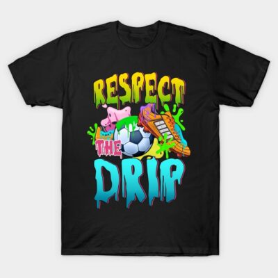 Black graphic t-shirt with colorful "Respect the Drip" design featuring soccer ball and playful elements.
