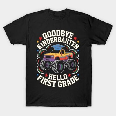 Black T-shirt with colorful truck, "Goodbye Kindergarten, Hello First Grade" design for kids, casual wear, cotton.