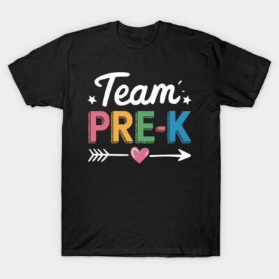 Black "Team Pre-K" t-shirt with colorful text and arrow design, ideal for preschool teachers or staff, cotton fabric.