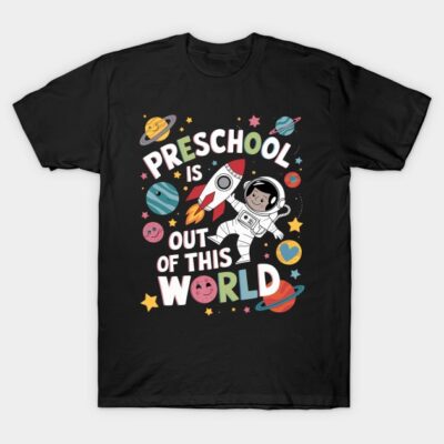 "Black t-shirt with colorful space-themed preschool design, featuring planets and rocket, perfect for kids' casual wear."