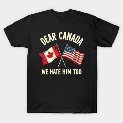 Black graphic t-shirt featuring crossed Canadian and American flags with bold humorous text, casual style.