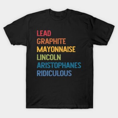 Black graphic t-shirt with colorful text design, casual cotton apparel for everyday wear.
