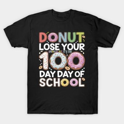 Black t-shirt with colorful "Donut Lose Your 100th Day of School" graphic, perfect for school celebrations.