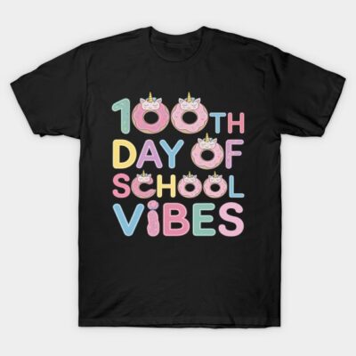 Black t-shirt with colorful "100th Day of School Vibes" unicorn donut design, perfect for school celebrations.