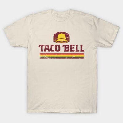 Vintage-style cream T-shirt with retro fast-food logo and colorful stripes, perfect for casual wear.