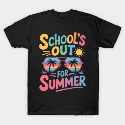 Black t-shirt with colorful "School's Out for Summer" design featuring sunglasses and palm trees, casual summer wear.