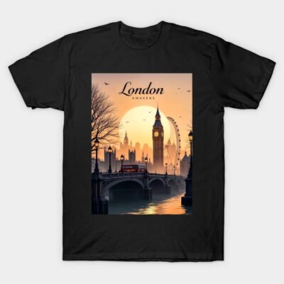 Black "London Awakens" t-shirt featuring cityscape graphic, ideal for casual wear, 100% cotton fabric.