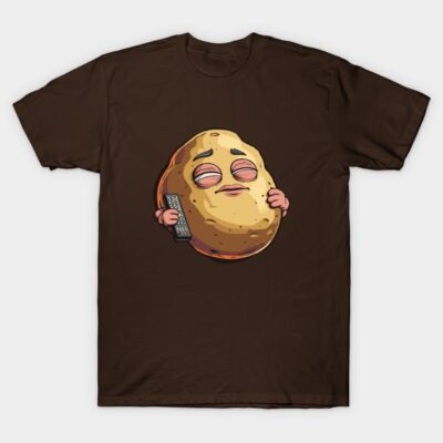 Brown t-shirt with cartoon potato design holding remote, casual style, perfect for relaxed wear.