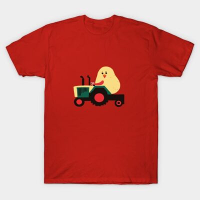Red T-shirt with playful potato character on tractor graphic, casual style, perfect for everyday wear.