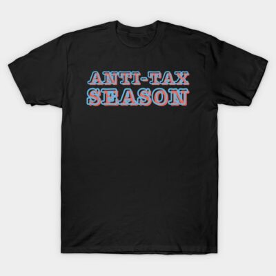 Black t-shirt with "Anti-Tax Season" text in red and blue. Casual wear, cotton material, perfect for everyday style.