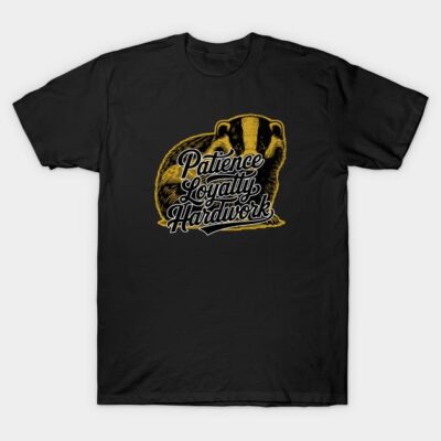 Black t-shirt with yellow badger graphic and text "Patience Loyalty Hardwork," casual wear, cotton blend.